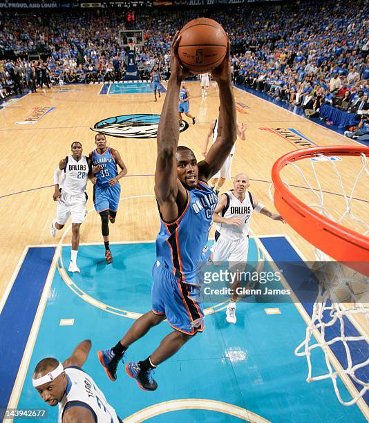 Serge Ibaka of the Oklahoma City Thunder dunks against the Dallas Mavericks in Game Four of the Western Conference Quarterfinals during the 2012 NBA...