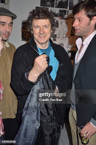 Guest, Michel Gondry and La Blanchisserie Gallery director Cyrille Troubetzkoy attend the Michel Gondry Exhibition Taking Down Party at La...