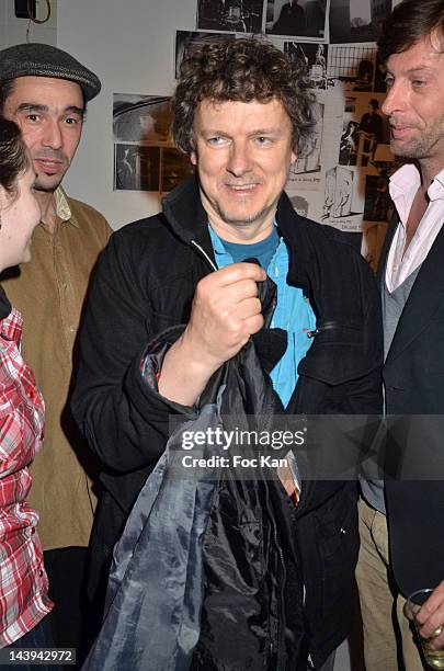 Guest, Michel Gondry and La Blanchisserie Gallery director Cyrille Troubetzkoy attend the Michel Gondry Exhibition Taking Down Party at La...