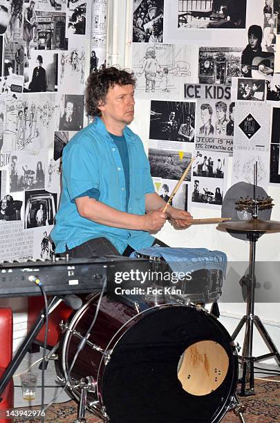 Director/drummer Michel Gondry from the 'Coucou Bonjour' band performs during the Michel Gondry Exhibition Taking Down Party at La Blanchisserie on...