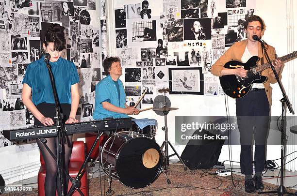 Singer A guest, director/drummer Michel Gondry and singer guitarist Thomas Bizien from the 'Coucou Bonjour' band perform during the Michel Gondry...