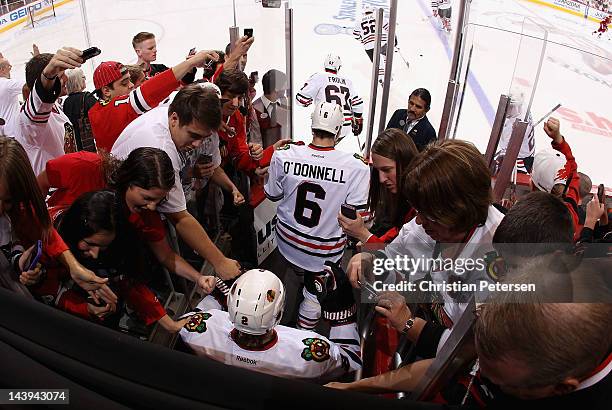 Sean O'Donnell of the Chicago Blackhawks skates out onto the ice before Game One of the Western Conference Quarterfinals against the Phoenix Coyotes...