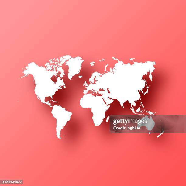 ilustraciones, imágenes clip art, dibujos animados e iconos de stock de mapa del mundo sobre fondo rojo con sombra - globo rojo
