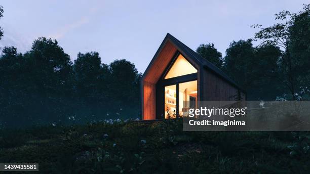 modern tiny house exterior at night - modern stockfoto's en -beelden