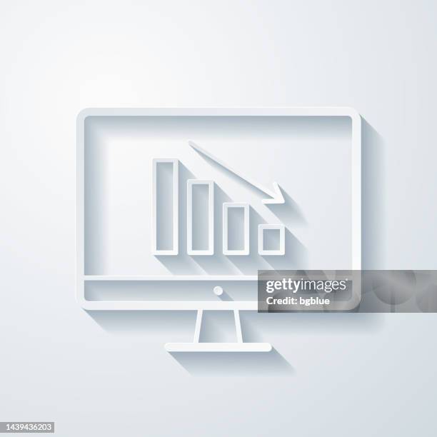 decreasing chart on desktop computer. icon with paper cut effect on blank background - smash computer stock illustrations