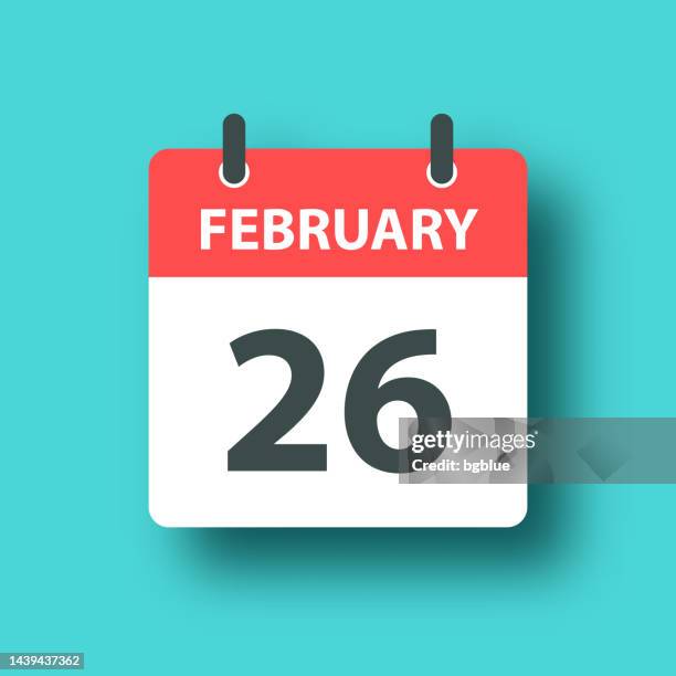 february 26 - daily calendar icon on blue green background with shadow - february stock illustrations stock illustrations