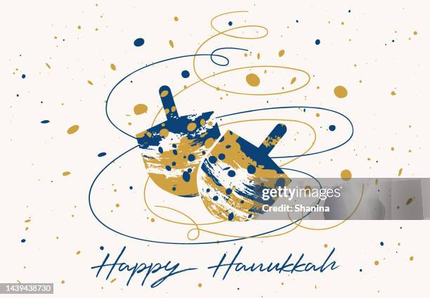 hanukkah dreidels greeting card - gold and blue - light background - dreidel stock illustrations