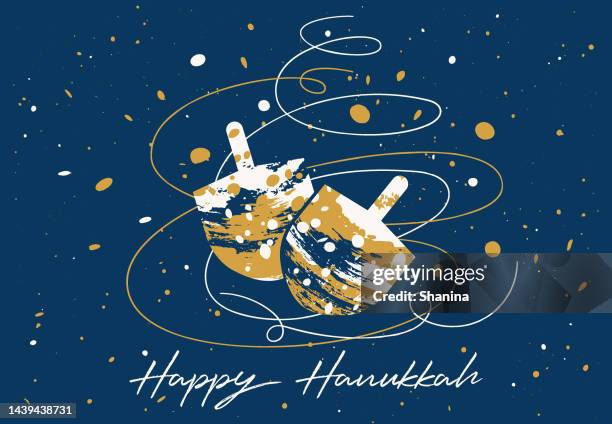 hanukkah dreidels greeting card - gold and blue - dark background - dreidel stock illustrations
