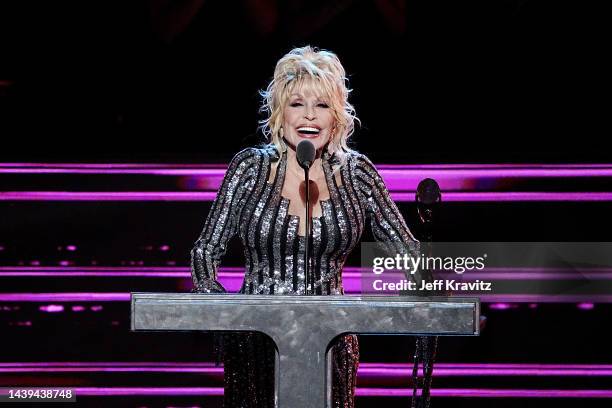 Inductee Dolly Parton speaks on stage during the 37th Annual Rock & Roll Hall Of Fame Induction Ceremony at Microsoft Theater on November 05, 2022 in...