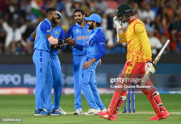 Hardik Pandya of India celebrates getting the wicket of Craig Ervine of Zimbabwe during the ICC Men's T20 World Cup match between India and Zimbabwe...