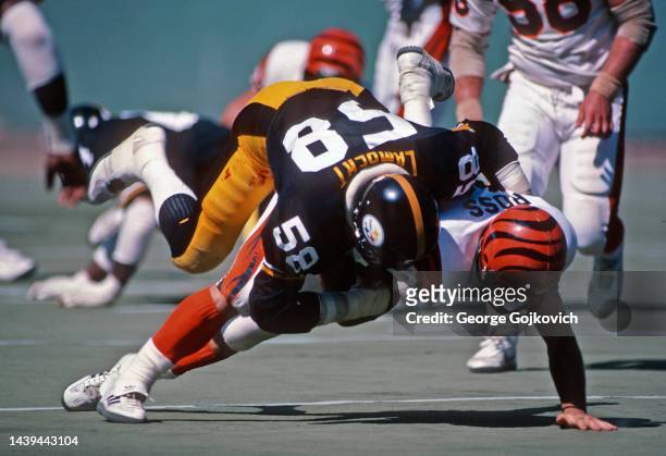 Linebacker Jack Lambert of the Pittsburgh Steelers tackles tight end Dan Ross of the Cincinnati Bengals during a game at Three Rivers Stadium on...