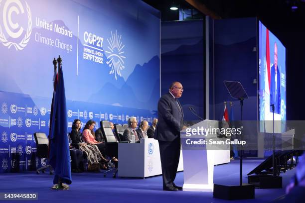 Sameh Shoukry, President of the UNFCCC COP27 climate conference, speaks on the conference's first day on November 06 in Sharm El Sheikh, Egypt. The...