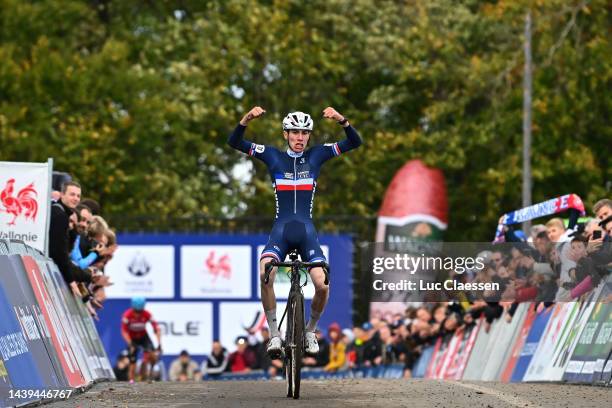 Léo Bisiaux of France celebrates at finish line as race winner during the 20th UEC European Cyclo-cross Championships 2022 - Men's Junior /...