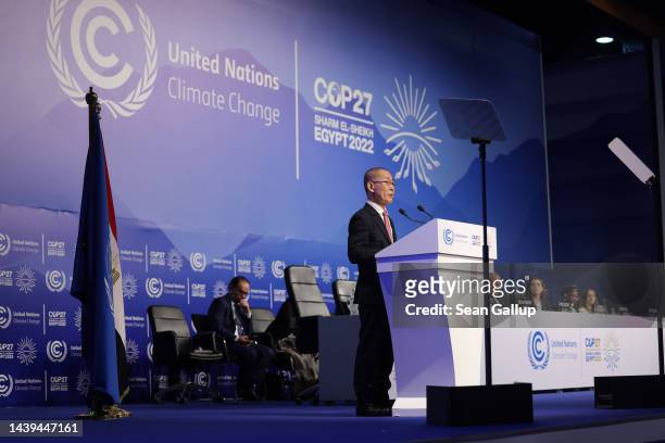 Hoesung Lee, Chair of the Intergovernmental Panel on Climate Change, speaks on the first day of the UNFCCC COP27 climate conference on November 06,...