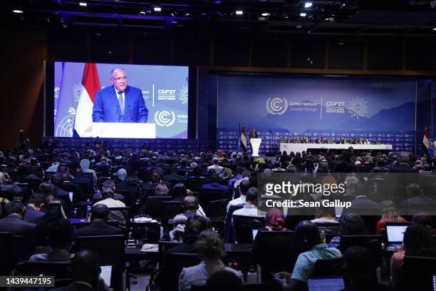Sameh Shoukry, President of the UNFCCC COP27 climate conference, speaks on the conference's first day on November 06, 2022 in Sharm El Sheikh, Egypt....