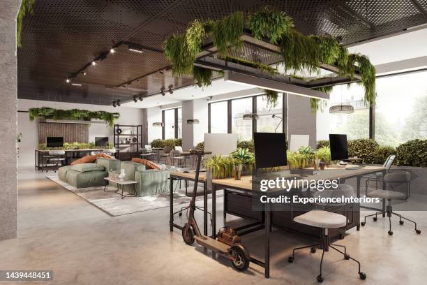 modern coworking office interior - digital file sharing stock pictures, royalty-free photos & images
