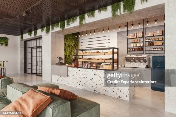 innenraum der bürocafeteria - office kitchen counter stock-fotos und bilder