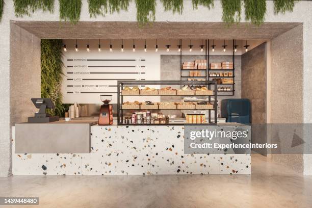 modern cafeteria interior - koffiemachine stockfoto's en -beelden