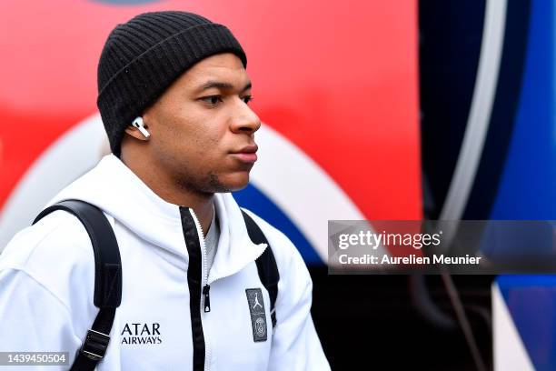 Kylian Mbappe of Paris Saint-Germain arrives to the stadium for the Ligue 1 match between FC Lorient and Paris Saint-Germain at Stade Du Moustoir on...