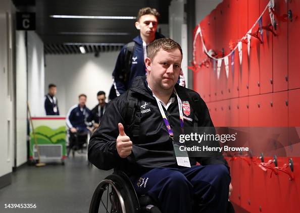 Adam Riggey Adam Rigby of England arrives ahead of the Wheelchair Rugby League ...