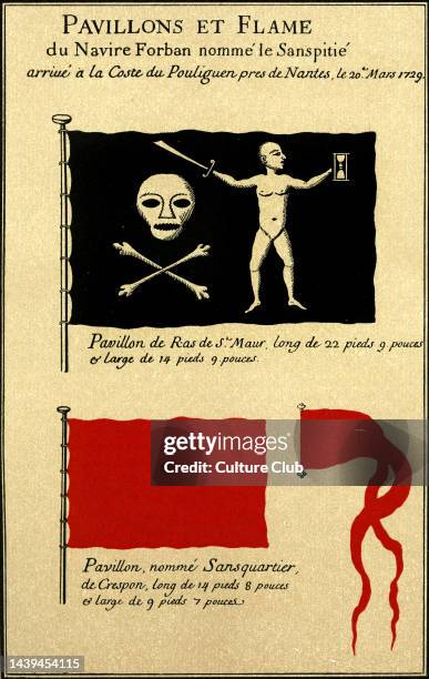 Flags and Pennant of the pirate ship, 'Sans Pitié', arriving at Pouliguen, northwestern France on March 20, 1729. Shows Captain Dulaien 's flag:...