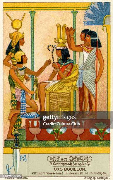 Court of the gods - conflict between Horus and Set. Isis and Osiris. Liebig collectors' card 1933 Liebig S1280 / F1276