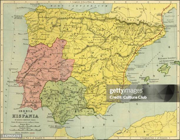 Map of Iberia vel Hispania - the Iberian peninsula as it was in classical antiquity, Roman era. Drawn by Keith Johnston F.R.S.E. Published in The...