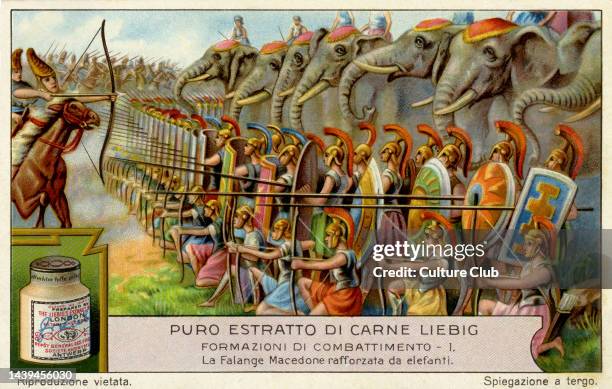 Macedonian phalanx, reinforced by elephants. Battle formations. Liebig collectors' card, 1929 Liebig S1229 / F1228