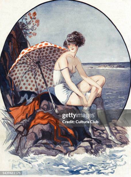 'La Vie Parisienne' - back of magazine cover. Risqué illustration of half - dressed young woman in lingerie sitting on the rocks of a deserted beach,...