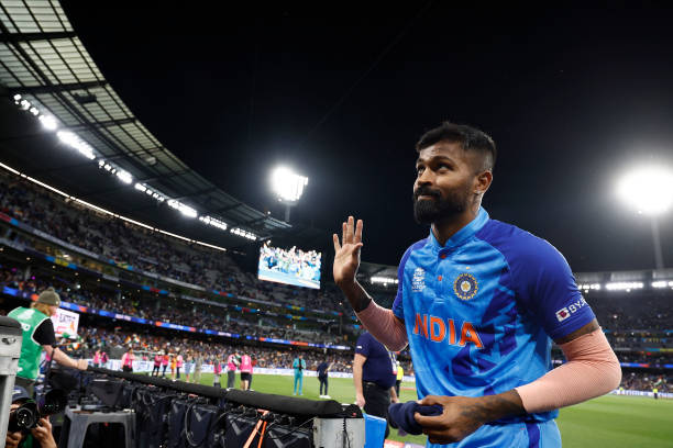 Hardik Pandya of India waves to the crowd after winning the ICC Men's T20 World Cup match between India and Zimbabwe at Melbourne Cricket Ground on...