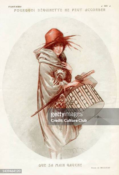 1920s fashion - girl with a hat box and a dog. Caption reads: 'Pourquoi Beguinette ne peut accorder que sa main gauche' / 'Why Beguinette can only...