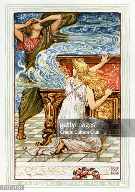 Pandora opens the box and a thunder cloud falls on Epimetheus. Retelling of Greek Myths by Nathaniel Hawthorne . Illustrations by Walter Crane 1845...