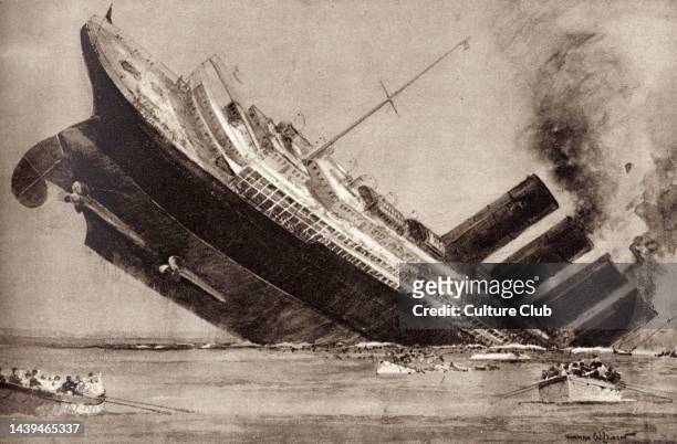 'The Sinking of the Lusitania' - illustration of the sinking of the American passenger liner by torpedo near south west Ireland during World War I, 7...