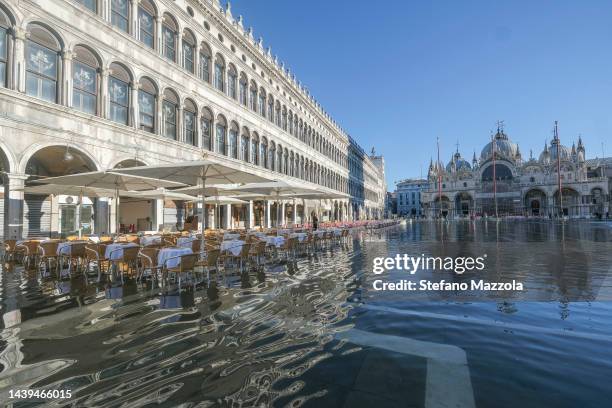 St. Mark's Square was flooded by the high tide on November 06, 2022 in Venice, Italy.