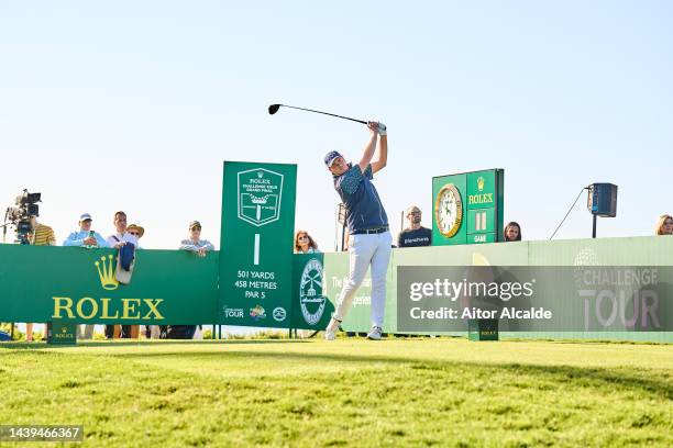 Deon Germishuys of South Africa plays his tee shot from the 1st hole on Day Four of the Rolex Challenge Tour Grand Final supported by The R&A 2022 at...