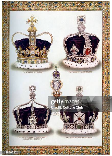 Royal crowns and sceptre, reign of King George V c. 1910. St Edward's Crown, Imperial State Crown, Royal Sceptre, State Crown of Queen Mary Consort...