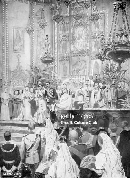King Alfonso of Spain 's marriage to Princess Victoria Eugenie Ena - Madrid, 31 May 1906. Niece of Edward VII. From illustration of S. Begg of the...