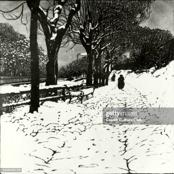 Vienna, die Hohewarte in winter. Snowy path, trees, park bench, figures in the background. Illustration by Carl Moll, stepfather of Alma Moll, later...