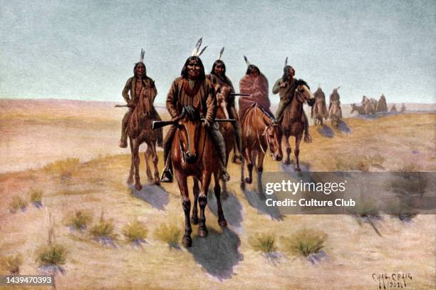 Native American Apache men going to war. On horse - back, feathers in their hair. Painting by Chas Craig, 1903. Indian. American Indians. HUCKEL,...