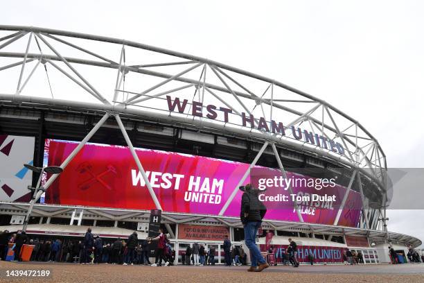 General view outside the stadium prior to the Premier League match between West Ham United and Crystal Palace at London Stadium on November 06, 2022...