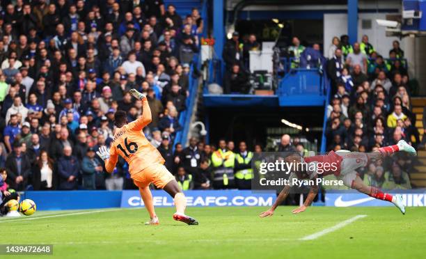 Gabriel Jesus of Arsenal misses a chance during the Premier League match between Chelsea FC and Arsenal FC at Stamford Bridge on November 06, 2022 in...