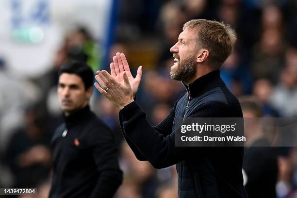 Graham Potter, Manager of Chelsea gives their team instructions during the Premier League match between Chelsea FC and Arsenal FC at Stamford Bridge...