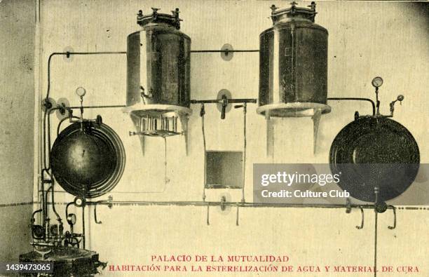 Sterilisation Room, Palacio de la Mutualidad. Caption reads: 'Room for sterilising water and medical instruments'