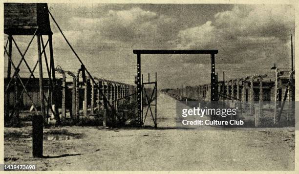 Auschwitz concentration camp - view of The Middle Way of Birkenau / Brzezinka. Surrounded by barbed wires fences.. Source: Museum of O?wi?cim,...