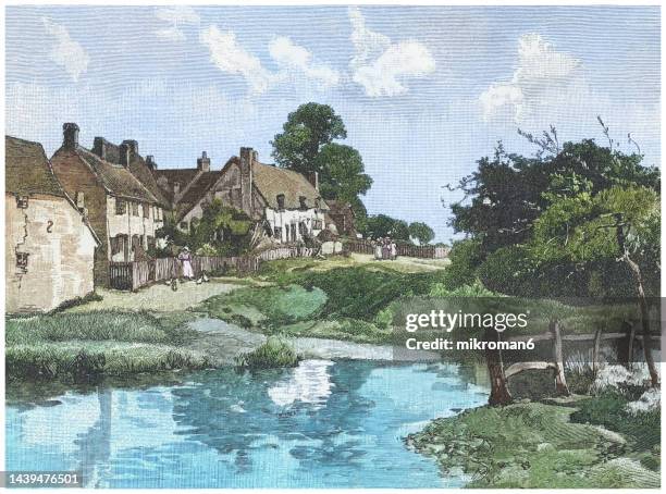 old engraved illustration of broom, small village in the central bedfordshire district of the county of bedfordshire, england - warwickshire stock photos et images de collection