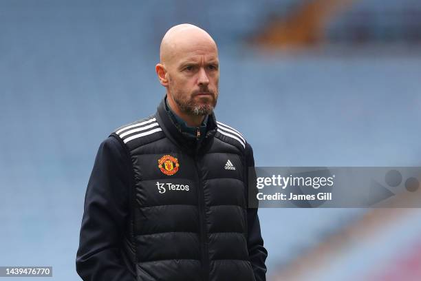 Erik ten Hag, Manager of Manchester United inspects the pitch prior to the Premier League match between Aston Villa and Manchester United at Villa...