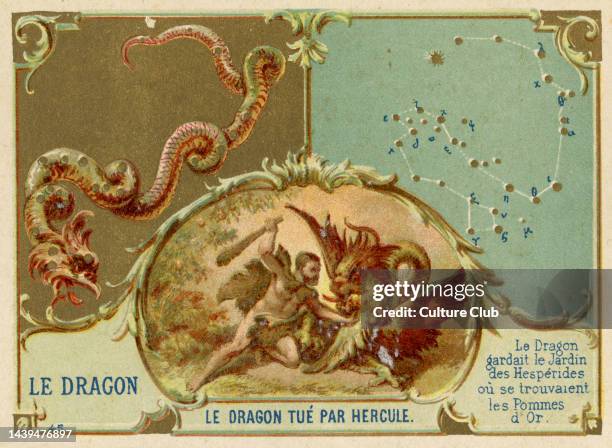 Draco. Dragon slain by Hercules. Constellations. Collectors card