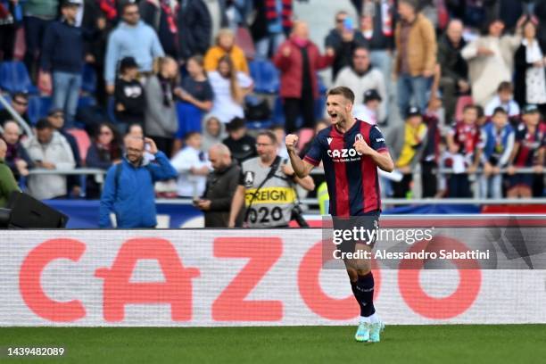 Stefan Posch of Bologna FC celebrates after scoring his team second goal during the Serie A match between Bologna FC and Torino FC at Stadio Renato...