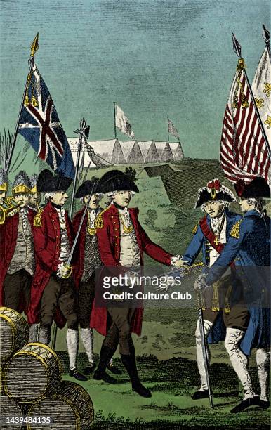 Surrender of British Major General Charles, Earl Cornwallis at Yorktown, Virginia on October 19 ending the Siege of Yorktown, and virtually...