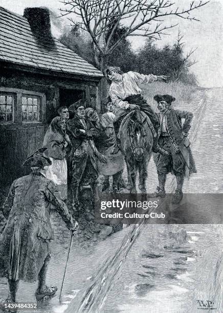 Tennessee settlers in a frontier town, 1700s. A young man rides into town to warn of a coming Cherokee raid. Illustration by Howard Pyle, 1887 Howard...